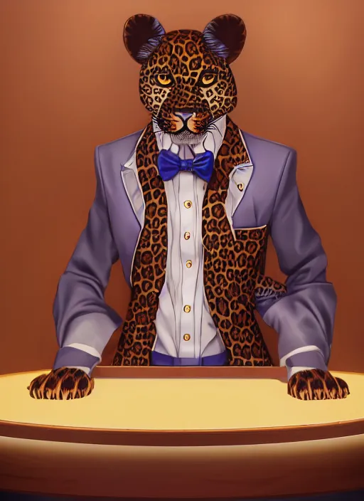 Image similar to commission of a beautiful portrait of a female anthro leopard fursona wearing a dress shirt and bowtie in a futuristic casino. character design by Kinoshita Jiroh, Hyaku. Detailed, soft lighting, rendered in octane