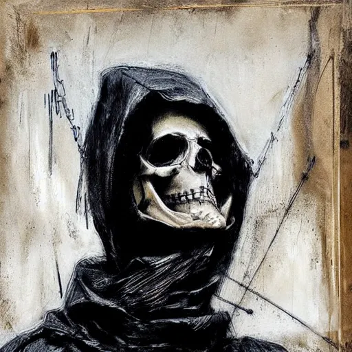 Prompt: a skeleton in black cloak by Guy Denning