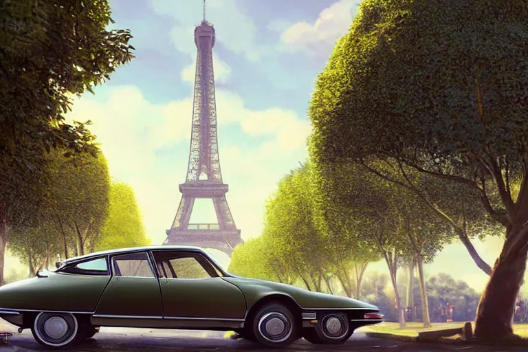 Image similar to a wholesome animation key shot of!! one!! focused! 1 9 7 4 citroen ds! in a tree lined paris street, view of eiffel tower, medium shot, studio ghibli, ( pixar ) and disney animation, sharp, very detailed, high resolution, rendered in unreal engine 5, anime key art by greg rutkowski, bloom, dramatic lighting