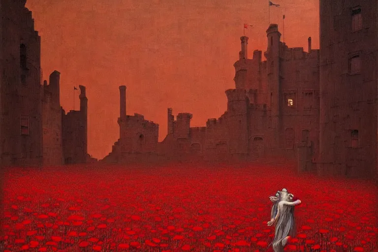 Image similar to only with red, red flowers of different types, a red tiger, a castle in the background, medieval demons dance over the flowers, an ancient path, in the style of beksinski, part by hopper, part by rodcenko, part by hofbauer, intricate composition, red by caravaggio, insanely quality, highly detailed, masterpiece, red light, artstation