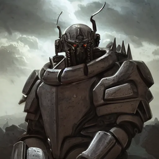 Image similar to majestic, hulking albino clone with engineering diagram tattoos on forehead and rough features, angular steel aztec power armor, on battlefield with strange coiled, spiral clouds, concept art by deak ferrand, greg rutkowski and carvaggio