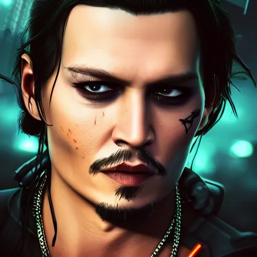 Prompt: young johnny depp portrait, Cyberpunk 2077, photorealistic, ultra detailed, cybernetic head, neon, octane, bokeh, cyber, cyber style, feature, scars, cyberface, 8k