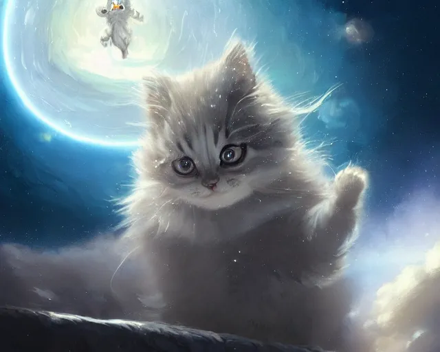 Image similar to a single cartoonish kitten dressed as Gandalf floating in space, bright stars, anime, a fantasy digital painting by Greg Rutkowski and James Gurney, trending on Artstation, highly detailed