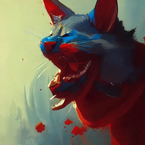 Image similar to blue cat eating red sable painting by eddie mendoza, greg rutkowski