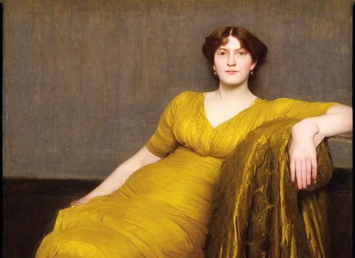 Image similar to portrait of jemma channing, wearing yellow ochre, preraphaelite colour photography by frederic leighton, 8 k