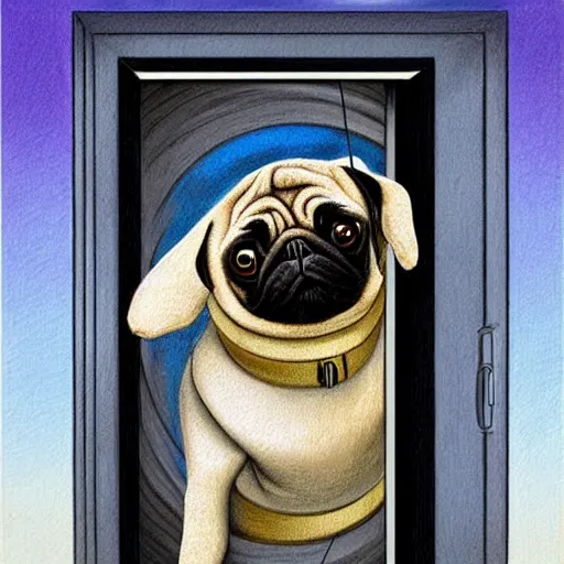 Image similar to gif, high - resolution, pencil art, colorized, extra - detailed, pug astronaut, opening door, in space that leads into the universe