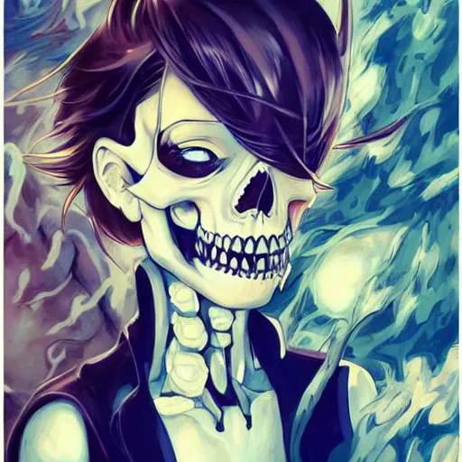 Image similar to anime manga skull portrait young woman skeleton, artgerm, painterly, impressionist, graffiti, key lighting, art by jc leyendecker and sachin teng