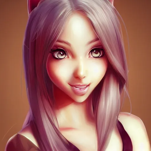 Prompt: very beautiful female catgirl, smiling, flirty, eye contact, perfect face, perfect body, drawn by artgerm