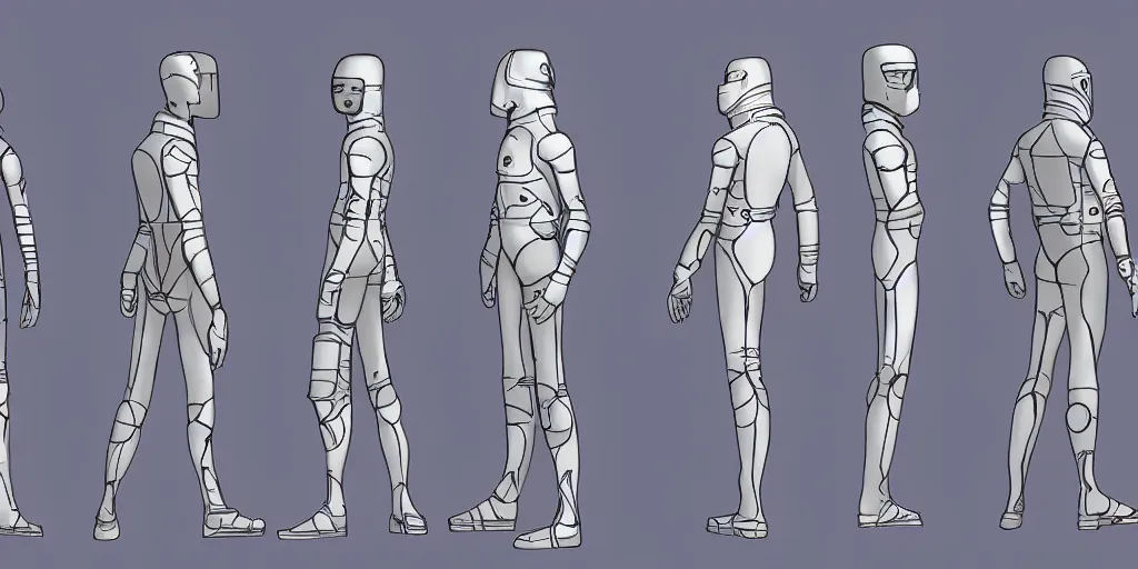 Image similar to male, space suit, character sheet, concept art, stylized, large shoulders, short torso, long thin legs, cartoon proportions, concept design, by jean giraud