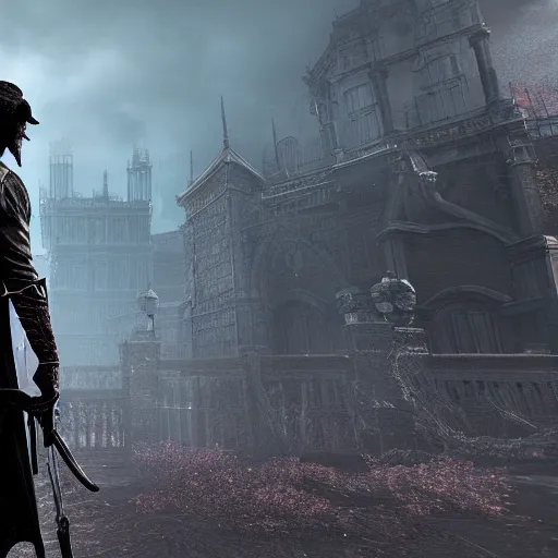 Image similar to Gameplay screenshot of Keanu Reeves as a boss in Bloodborne, film still, photorealistic