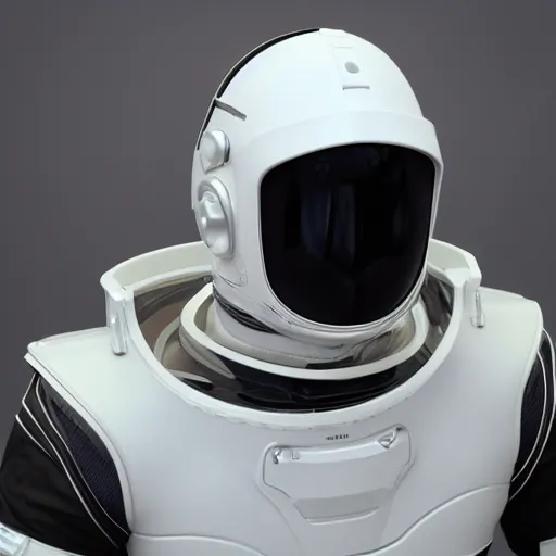 Prompt: futuristic space suit head and shoulders view white suit gold visor 2035 intimidating