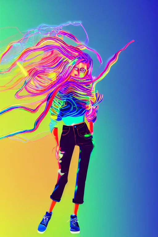 Image similar to a award winning half body portrait of a beautiful woman with stunning eyes in a croptop denim jacket and cargo pants with ombre rainbow hairstyle head in motion and hair flying while dancing by thomas danthony, surrounded by whirling illuminated lines, outrun, vaporware, shaded flat illustration, digital art, trending on artstation, highly detailed, fine detail, intricate