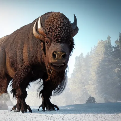 Image similar to A mix of a tyrannosaurus rex and a bison, highly detailed, 8k, Unreal Engine render