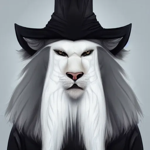 Image similar to portrait of a white panter with a very long fur and wizard hat, fantasy, trending on artstation, heroic pose, illustration, highly detailed, simple, 8k