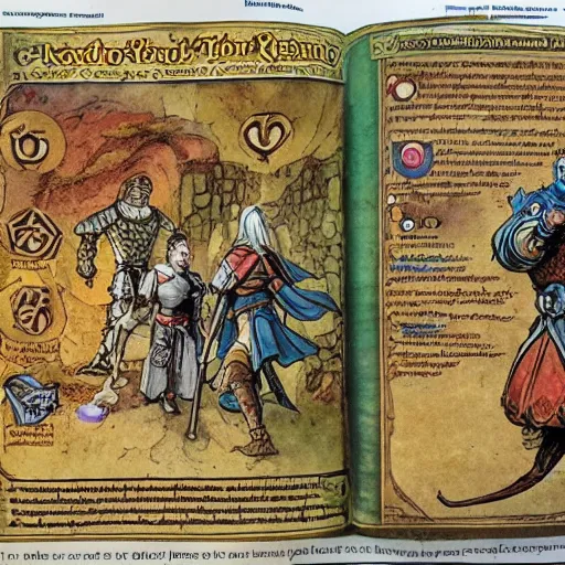 Prompt: page from an unreleased dungeons and dragons player handbook where all the medieval illustrated characters wear VR headsets connected to supercomputers