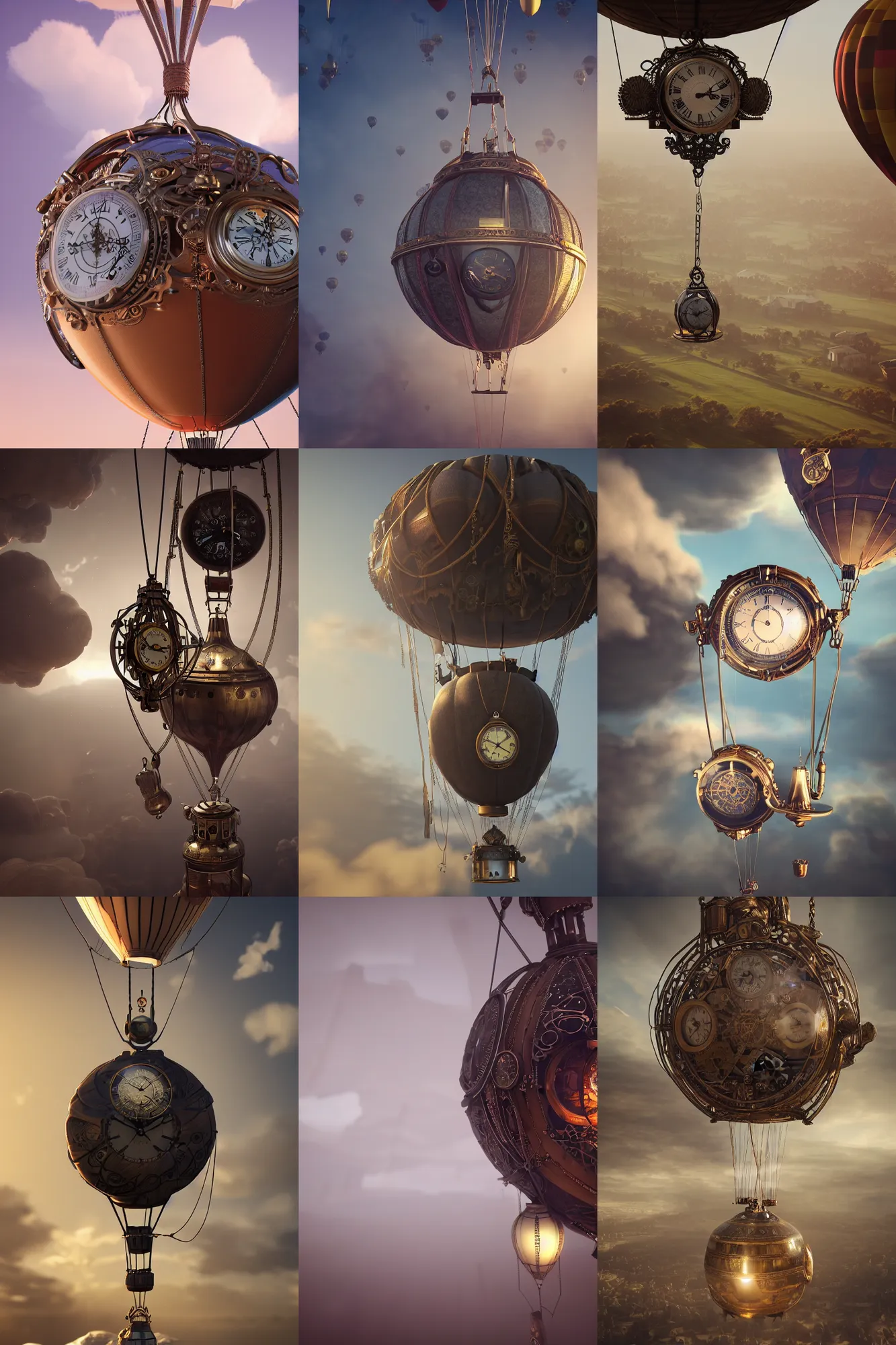 Prompt: pocketwatch hanging from a steam punk hot air balloon, intricate detail, volumetric lighting, epic composition, hyper detailed, ultra realistic, sharp focus, octane render, volumetric, ray tracing,, sense of awe, swirling mist, 4 k