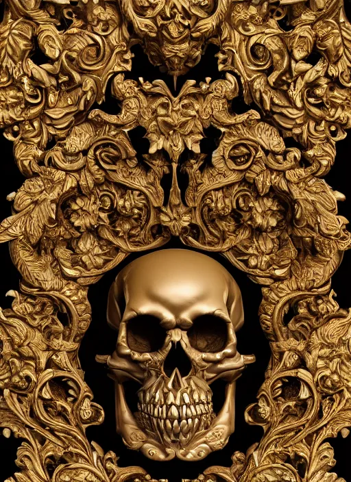 Prompt: hyper realistic photography of intricate baroque skull ornament relief leaves, cinematic, symmetric detailed, artstation, cgsociety