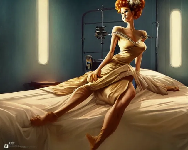 Image similar to phtorealistic modern pin up of the bride of frankenstein posing in a bed in the room of a sanatarium, full body, campy color scheme, realistic, center, smooth, golden ratio, detailed, aly fell, daniela uhlig