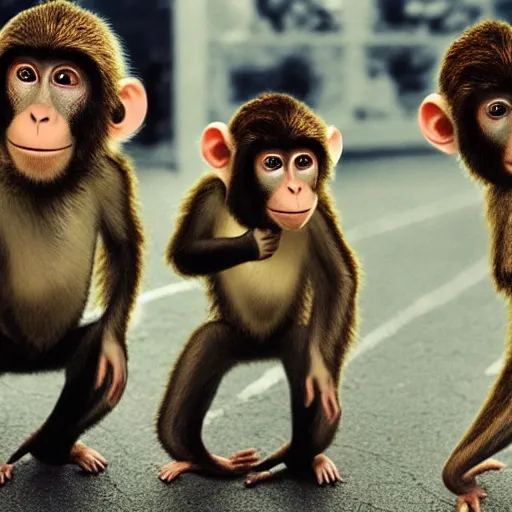 Image similar to a photo of the beatles as monkeys, ultra detailed, hyper realistic, 8 k, cinematic