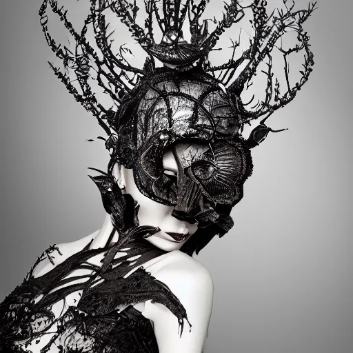 Prompt: a portrait of female model by stefan geselle and nekro borja, photorealistic, intricate details, hyper realistic, dark fantasy, ornate headpiece, dark beauty, photorealistic, canon r 3, photography, wide shot, glamour pose, surrealism