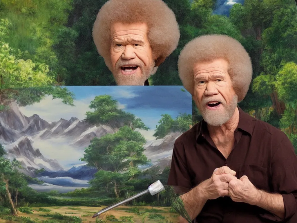 Image similar to bob ross is sad and angry and yelling at a huge nature painting by bob ross