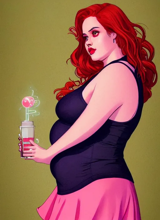 Image similar to full body portrait of teenage cheryl blossom, obese, bangs, green eyes, sultry, realistic, red hair, sultry smirk, wavy hair, pink skirt, obese, intricate, elegant, glowing lights, highly detailed, digital painting, artstation, concept art, smooth, sharp focus, illustration, art by wlop, mars ravelo and greg rutkowski