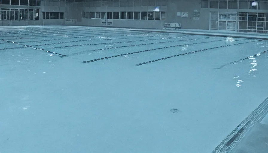 Image similar to 1 9 6 0 s movie still of an empty blue and yellow tiles municipal swimmingpool, security cam night vision footage, liminal space style