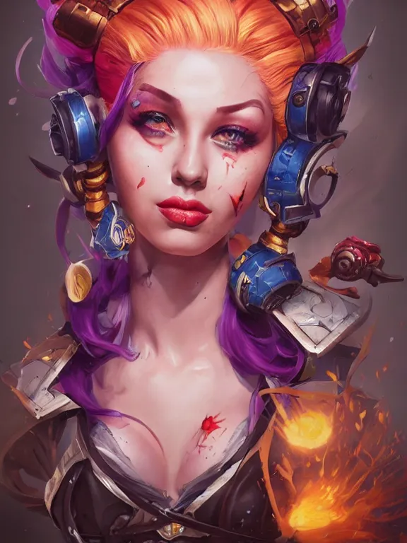 Image similar to a League of Legends FAN art portrait of Jinx The Loose Cannon,by tristan eaton,Stanely Artgerm,Greg Rutkowski,Tom Bagshaw,arthur adams,Carne Griffiths,trending on DeviantArt,street art,face enhance,chillwave,maximalist,full of color,glittering