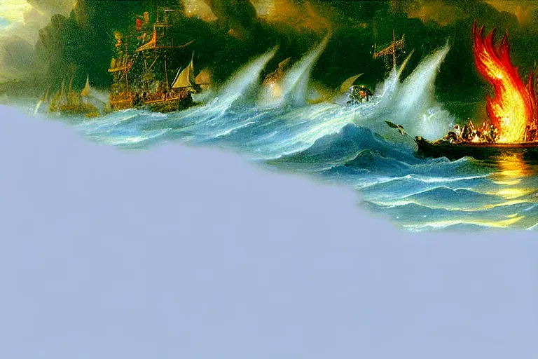 Image similar to mermaids and sirens raid an enourmous pirate ship and attack everyone onboard, sinking the ship which is on fire, masterpiece veduta painting by bob ross and albert bierstadt and william turner, oil painting