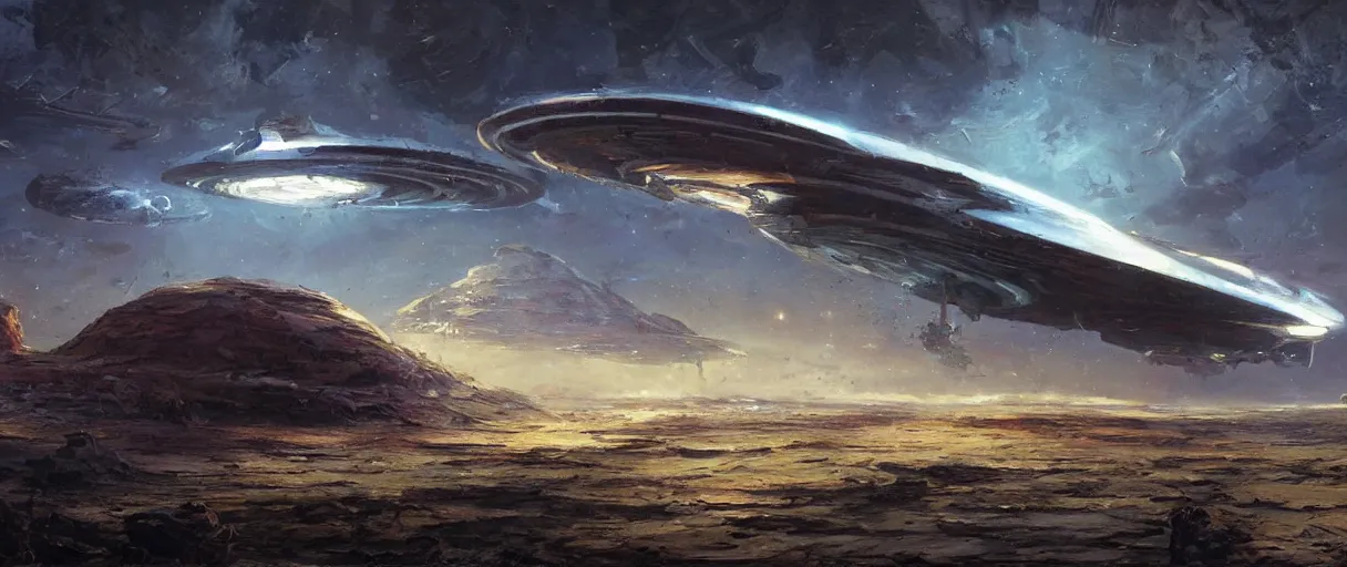 Image similar to An oil painting of a huge alien starship by Craig Mullins