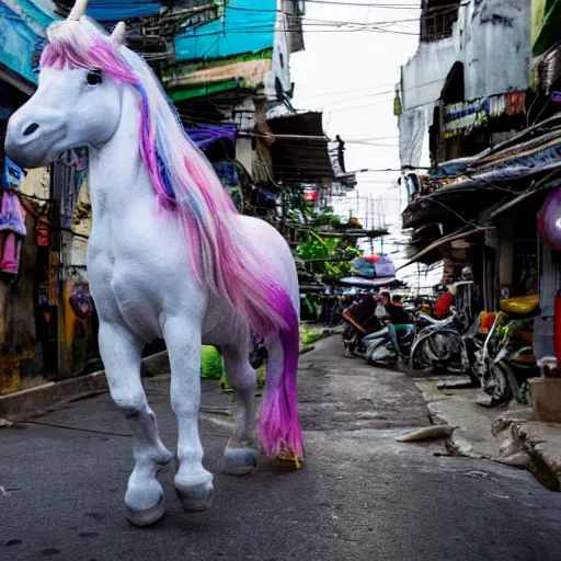 Prompt: photo of a unicorn wandering the streets of philippines, award - winning photograph, national geographic, 8 k uhd