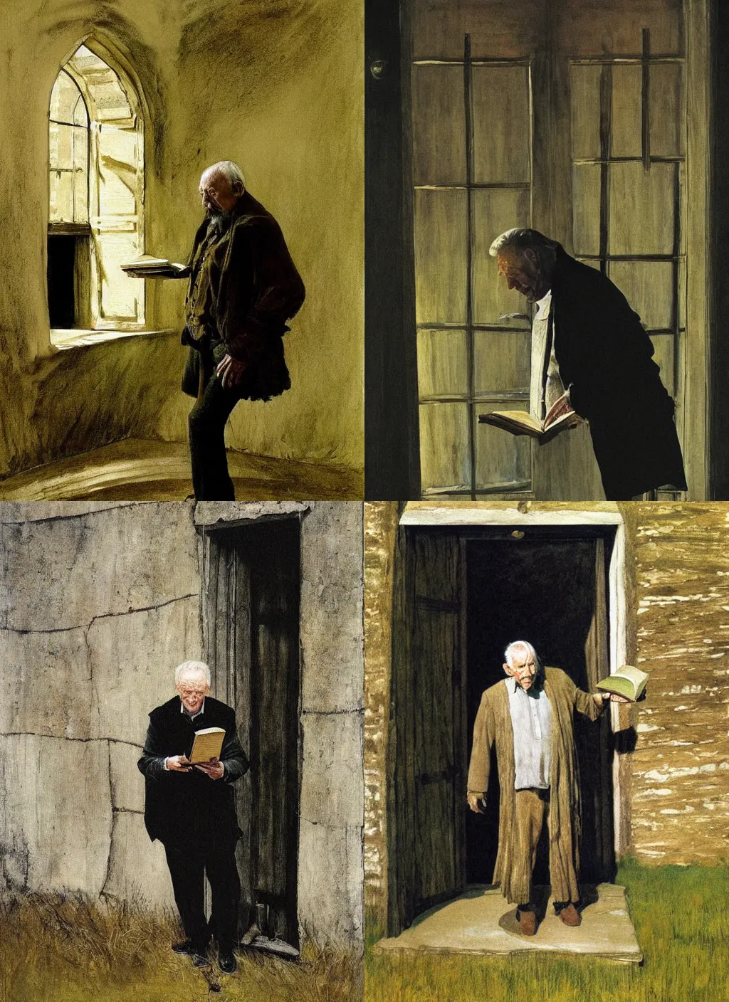 Prompt: a beautiful painting of an old wizard holding a book and standing in front of an ancient door, by andrew wyeth