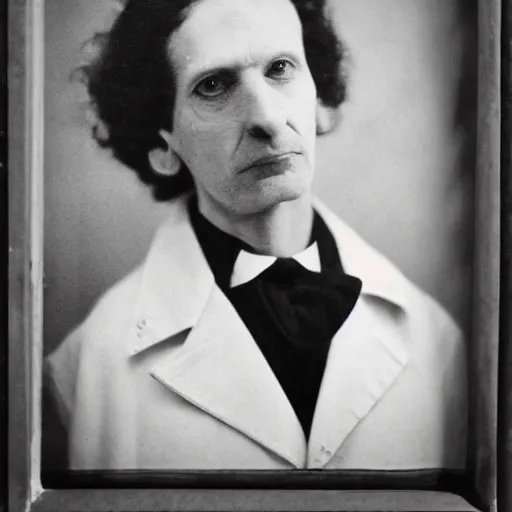 Image similar to close up photo portrait of a 19th doctor in a medical coat by Diane Arbus and Louis Daguerre