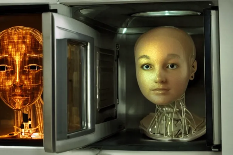 Prompt: humanoid robot sticking her head inside of a microwave, from 2001, bathed in the glow of a crt television, low-light photograph, in the style of jack bridgeland