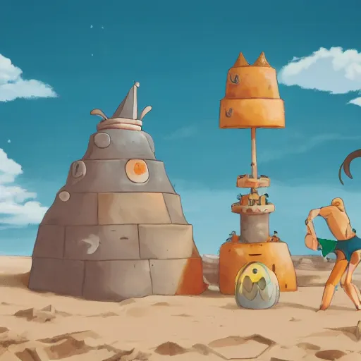 Prompt: crab building a sand castle, cute, kawaii, art station, studio ghibli, 8k,