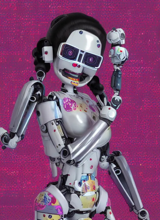 Image similar to full body photo of a belle delphine robot with kanji tattoos and decals wearing a digital pixelated kimono, intricate design, photo - realistic, octane render, ultra fine detailed, character design, trending on artstation