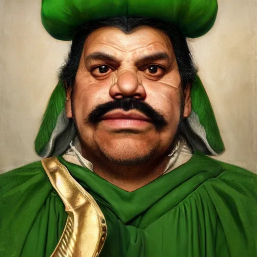 Prompt: hyper realistic, realistic - anime, portrait, beautifully rendered, ancient garb, luis guzman as luigi wearing green, smirking deviously, luigi, luigi's nose, painted by jan van eyck, albrecht durer, gustave courbet, greg rutkowski, wlop, artgerm, dishonored 2,