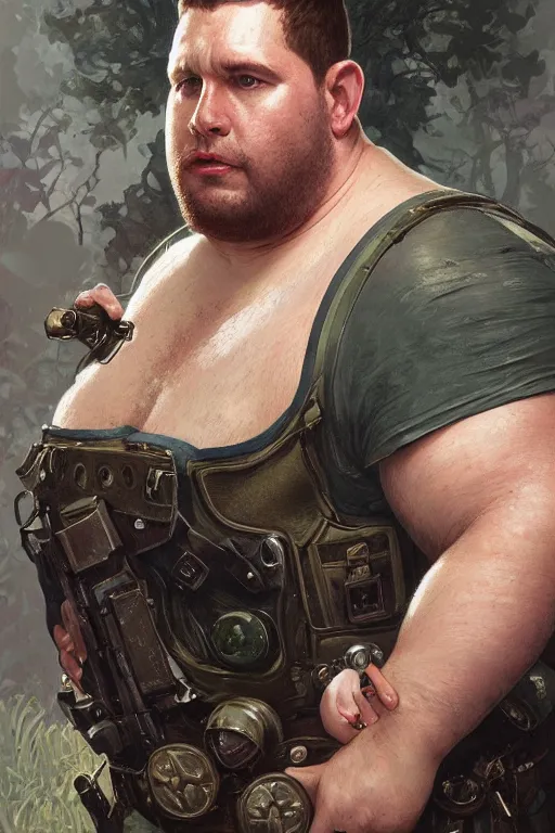 Prompt: portrait of chris redfield as a pathetically weak chubby man, forest, full body, obese, fantasy, intricate, elegant, highly detailed, digital painting, artstation, concept art, sharp focus, illustration, art by artgerm and greg rutkowski and alphonse mucha