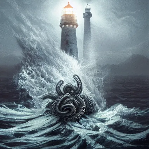 Image similar to ultra realistic illustration, a lighthouse by night being attacked by a kraken, the tentacles are wrapped around the lighthouse and there is water mist everywhere, moody, water, epic, creature, attack, tentacles, building, coast, intricate, elegant, highly detailed, digital painting, artstation, smooth, sharp focus, art by artgerm and greg rutkowski and alphonse mucha