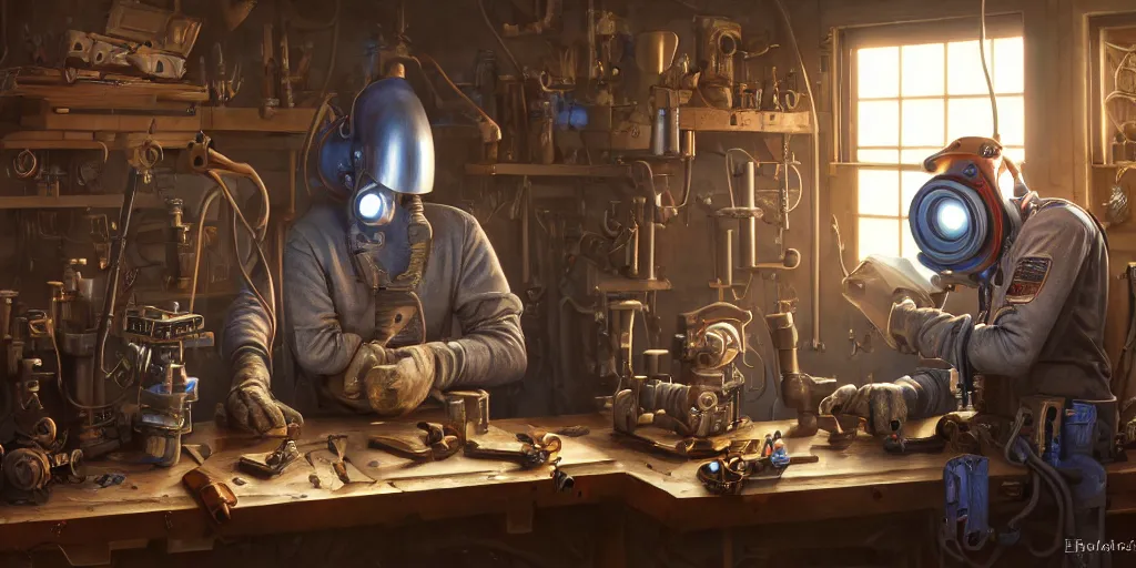 Image similar to highly detailed portrait painting of welder and angelina joile posing, mono eye window, workbench, symmetrical perfect eyes, by eddie mendoza and tyler edlin, 8 k resolution