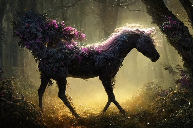 Image similar to a stunning horse made of stardust with a thick mane of bioluminescent vines and flowers running through the woods by greg rutkowski, high key lighting, volumetric light, digital art, highly detailed, fine detail, intricate, ornate, complex, octane render, unreal engine, photorealistic