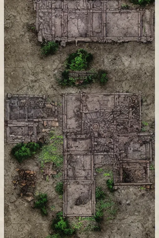 Image similar to full - color fantasy floor plan map of a ruined temple, 8 k, sharp details, highly detailed, bold edges, by greg rutkowski and james gurney, trending on artstation