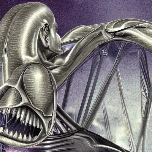 Image similar to metallic bridge eating a person, h. r. giger digital painting