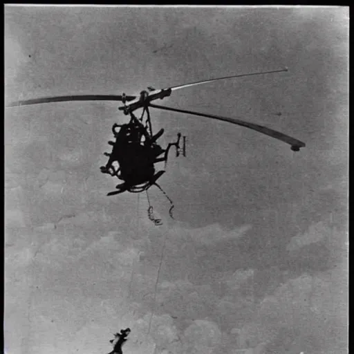 Image similar to vintage photograph of freddy fazbear being dangled by a helicopter