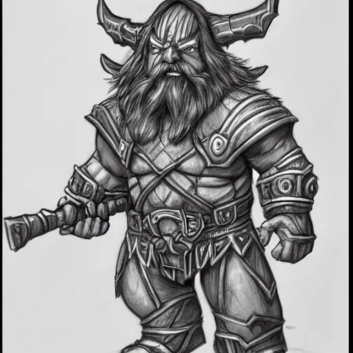 Image similar to dwarf, pencil drawing, hard lines, world of warcraft