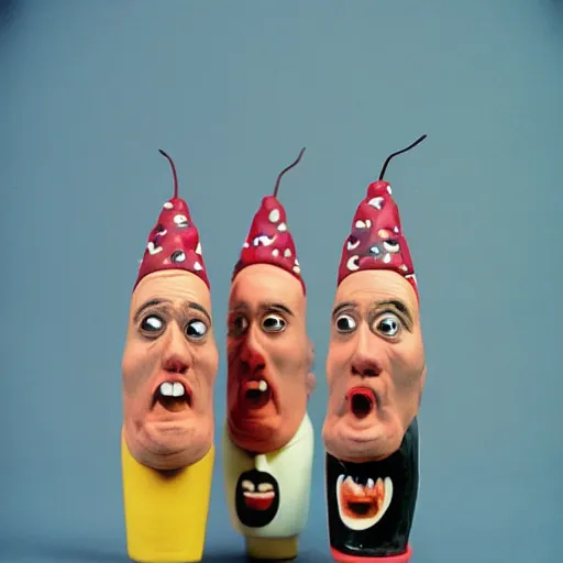 Image similar to polymer clay coneheads rioting in new york, detailed facial expressions, 1 9 8 0 s aesthetic