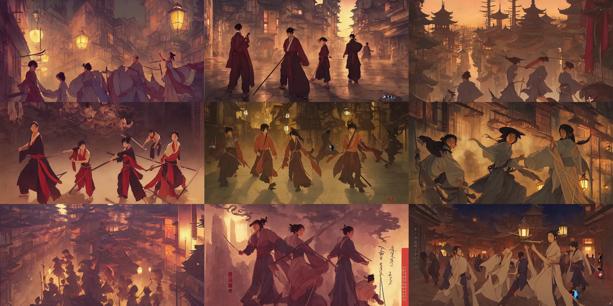 Prompt: wuxia, city at night, in the style of studio ghibli, j. c. leyendecker, greg rutkowski, artem