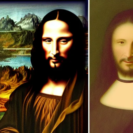 Image similar to painting of keanu reeves with beard in the style of mona lisa, painting by leonardo da vinci