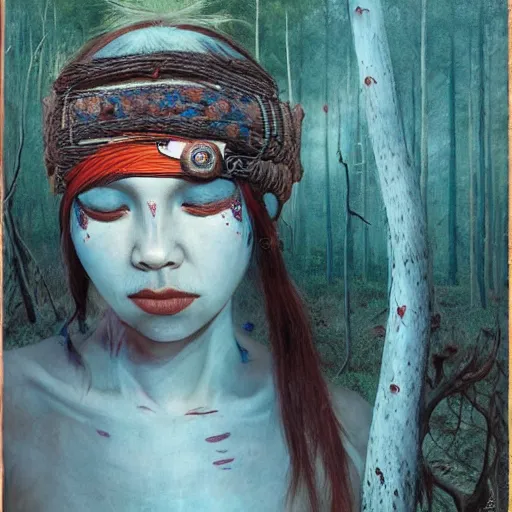 Prompt: A young blindfolded shaman woman with a decorated headband from which blood flows, blue hair and wood on her head. The background is a forest on fire, made by Esao Andrews and Karol Bak and Zdzislaw Beksinski