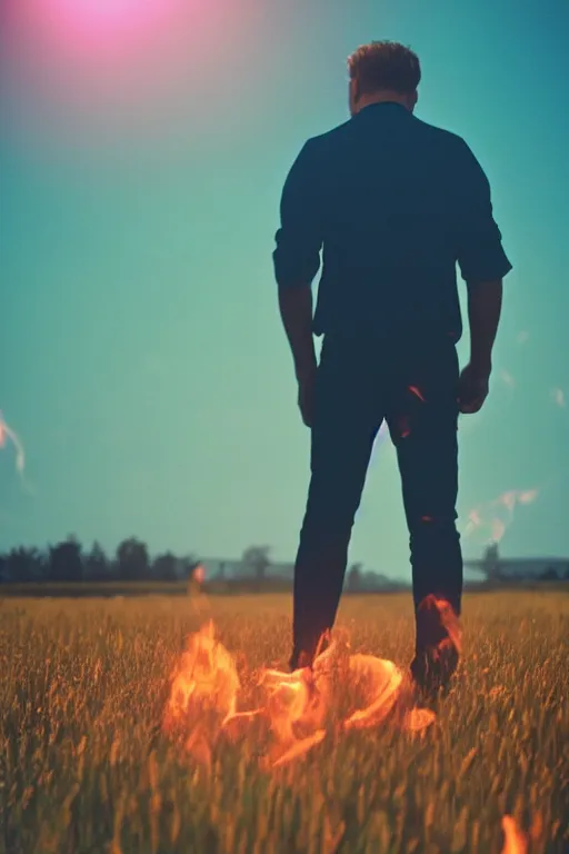 Image similar to agfa vista 4 0 0 photograph of a guy on fire standing in a field, back view, synth vibe, vaporwave colors, lens flare, moody lighting, moody vibe, telephoto, 9 0 s vibe, blurry background, grain, tranquil, calm, faded!,